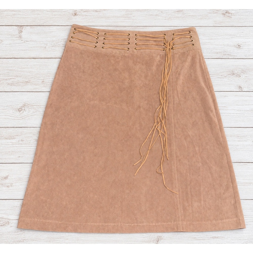 Exact Change Faux Suede Lace Up Mini Skirt Western Boho Cowgirl Tan Size 9